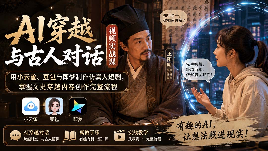 AI穿越与古人对话视频实战课：用小云雀、豆包与即梦制作仿真人短剧，掌握文史穿越内容创作完整流程|副业联盟