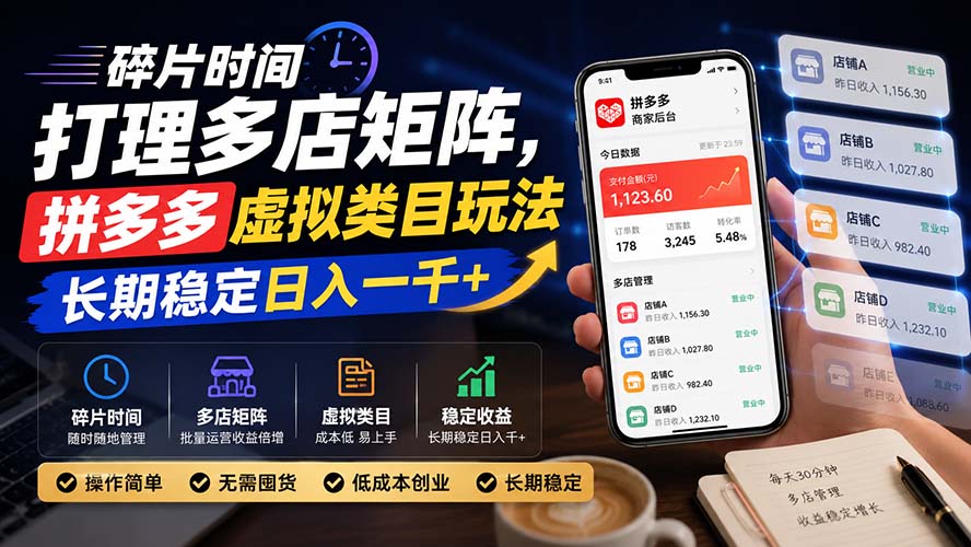 碎片时间打理多店矩阵，拼多多虚拟类目玩法，长期稳定日入一千+ - 副业联盟|副业联盟