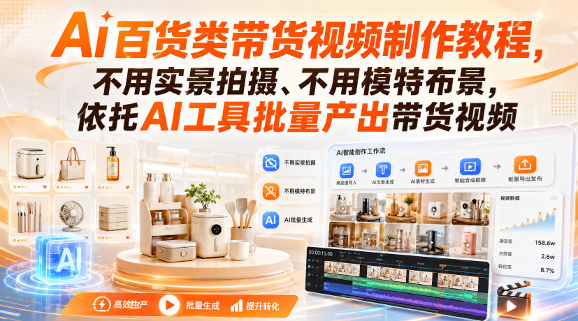 Ai百货类带货视频制作教程,不用实景拍摄、不用模特布景,依托AI工具批量产出带货视频|副业联盟