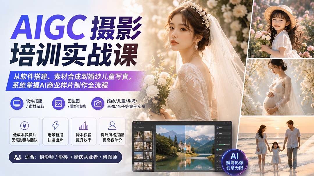 AIGC摄影培训实战课:从软件搭建、素材合成到婚纱儿童写真,系统掌握AI商业样片制作全流程|副业联盟