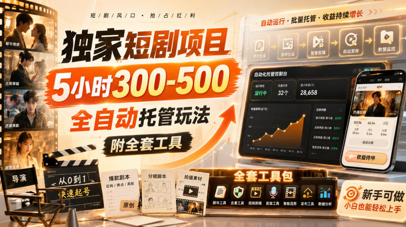 独家短剧项目,5小时300-500,全自动托管玩法,附全套工具【揭秘】|副业联盟