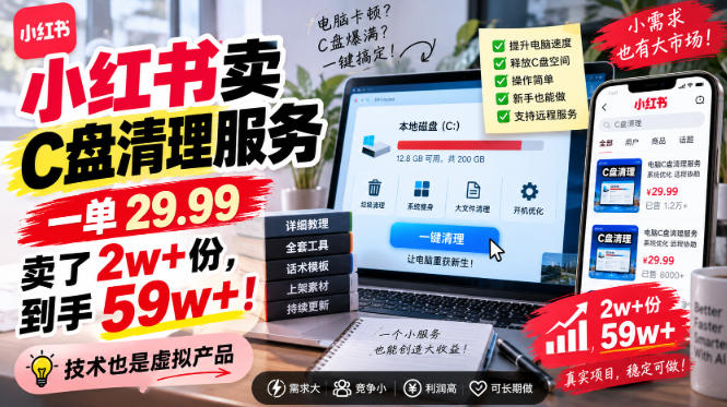 小红书卖C盘清理服务,一单29.99,卖了2w+份,技术也是虚拟产品|副业联盟