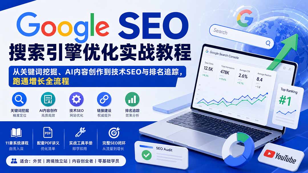 Google SEO搜索引擎优化实战教程:从关键词挖掘、AI内容创作到技术SEO与排名追踪,跑通增长全流程|副业联盟