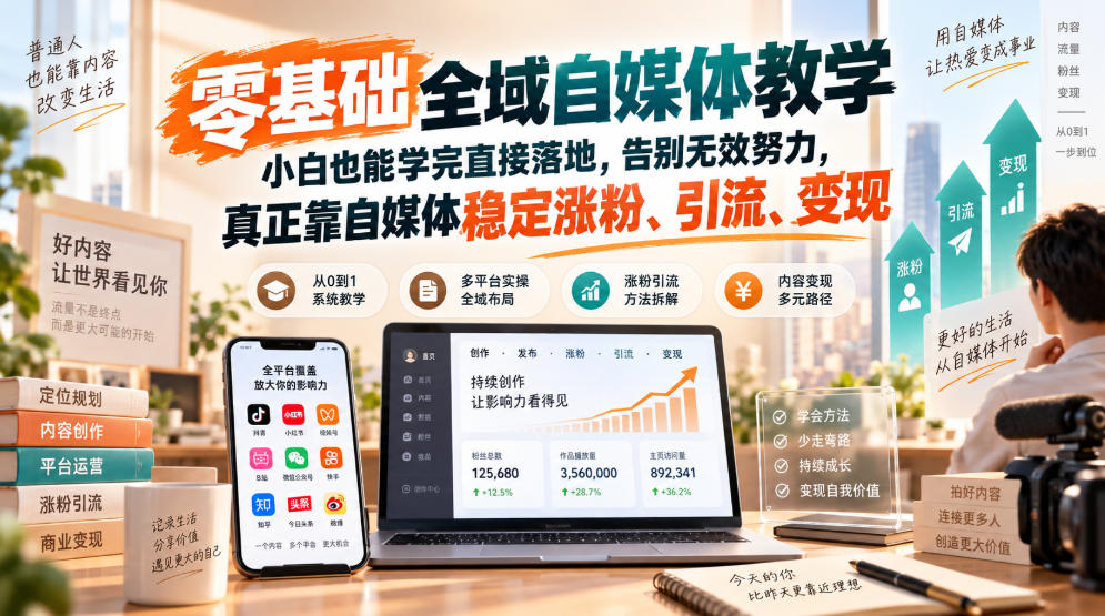 零基础全域自媒体教学,小白也能学完直接落地,告别无效努力,真正靠自媒体稳定涨粉、引流、变现|副业联盟