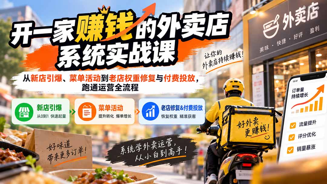 开一家赚钱的外卖店系统实战课：从新店引爆、菜单活动到老店权重修复与付费投放，跑通运营全流程 - 副业联盟|副业联盟