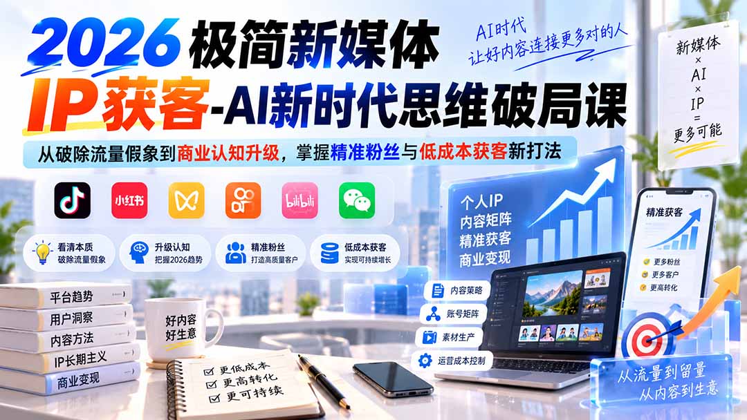 2026极简新媒体IP获客-AI新时代思维破局课:从破除流量假象到商业认知升级,掌握精准粉丝与低成本获客新打法|副业联盟