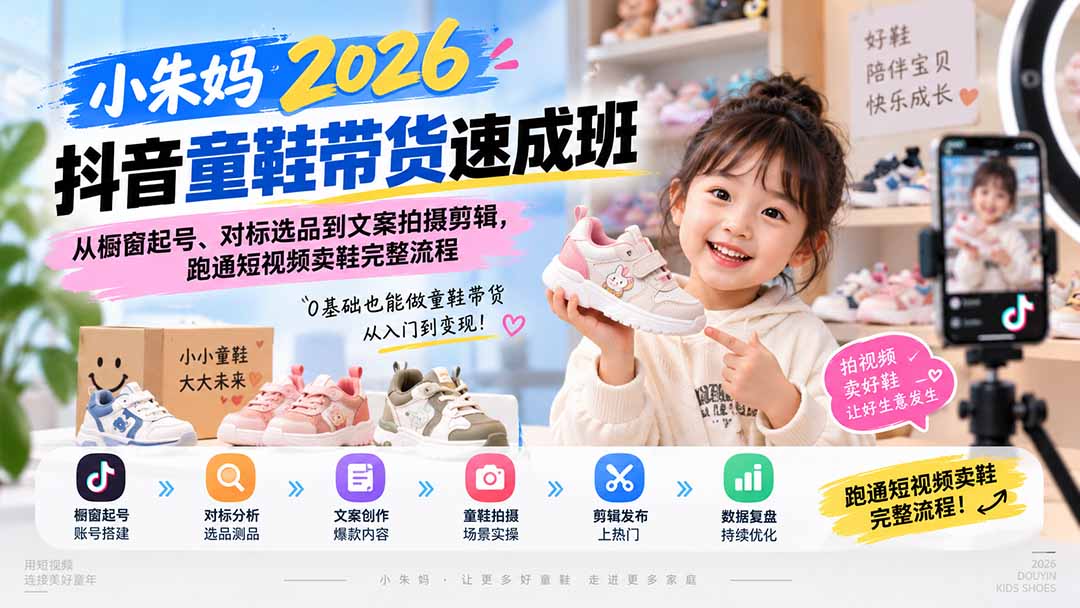 小朱妈2026抖音童鞋带货速成班:从橱窗起号、对标选品到文案拍摄剪辑,跑通短视频卖鞋完整流程|副业联盟