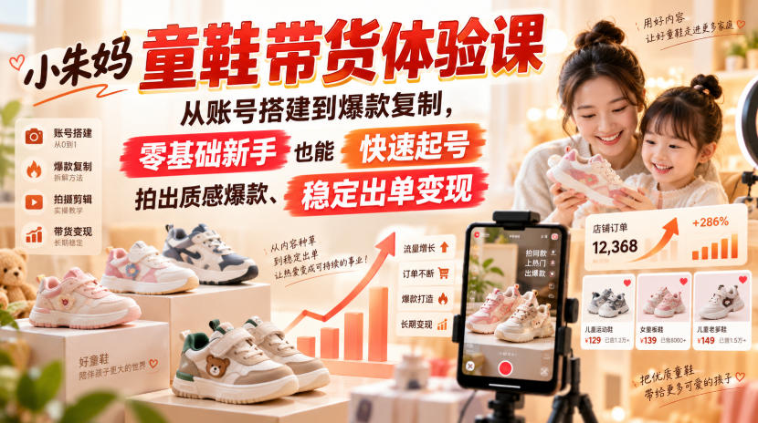 小朱妈童鞋带货体验课,从账号搭建到爆款复制,零基础新手也能快速起号、拍出质感爆款、稳定出单变现|副业联盟