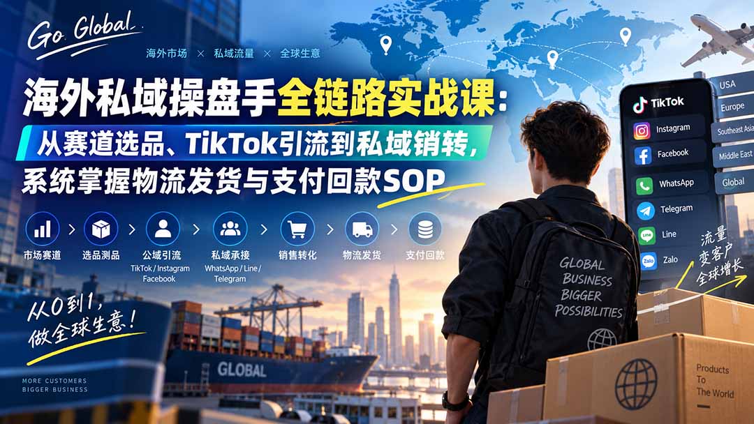 海外私域操盘手全链路实战课:从赛道选品、TikTok引流到私域销转,系统掌握物流发货与支付回款SOP|副业联盟