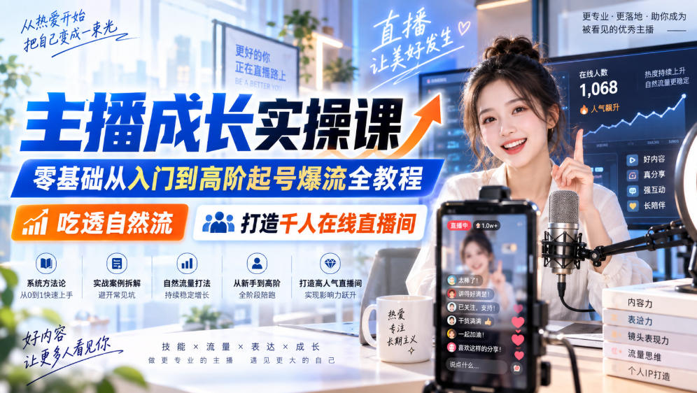 主播成长实操课|零基础从入门到高阶起号爆流全教程,吃透自然流,打造千人在线直播间|副业联盟