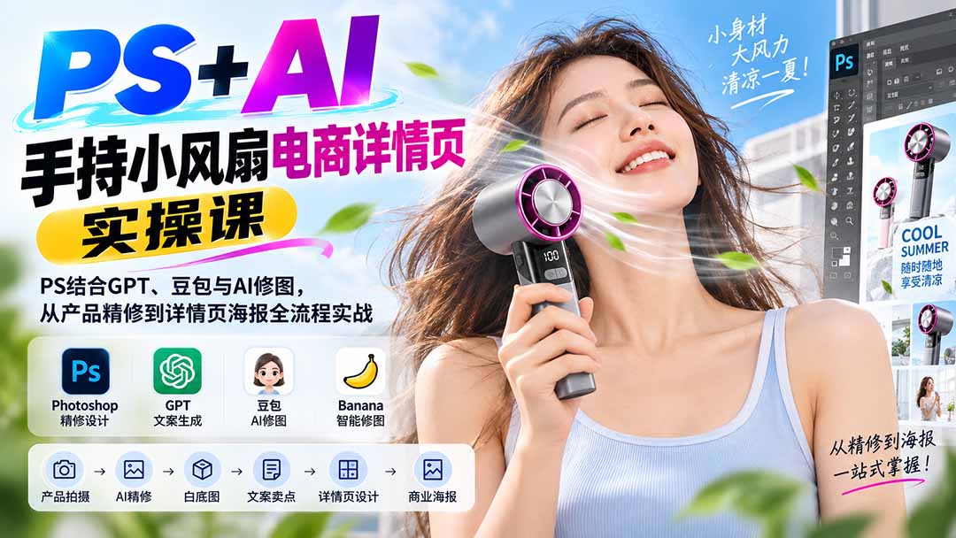 PS+AI手持小风扇电商详情页实操课：PS结合GPT、豆包与AI修图，从产品精修到详情页海报全流程实战|副业联盟