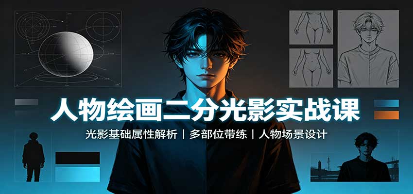 人物绘画二分光影实战课:光影基础属性解析,多部位带练,人物场景设计|副业联盟