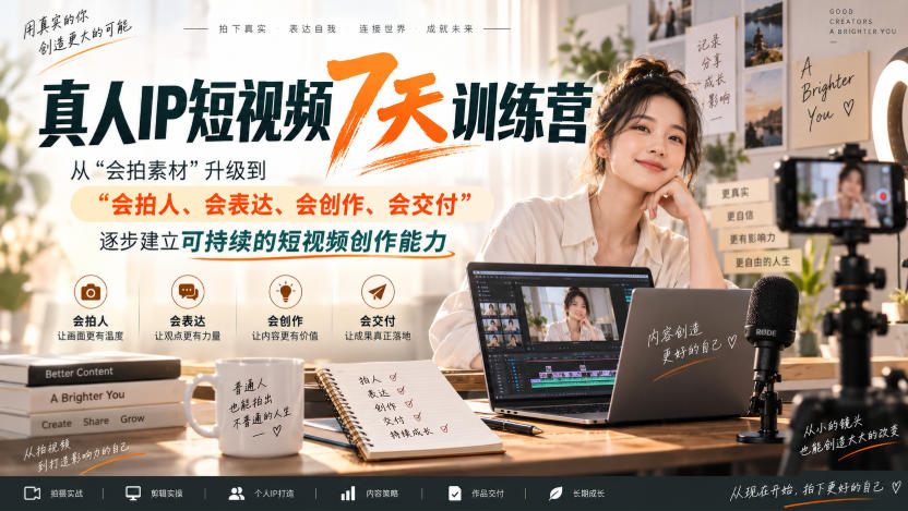真人IP短视频7天训练营,从“会拍素材”升级到“会拍人、会表达、会创作、会交付”,逐步建立可持续的短视频创作能力|副业联盟
