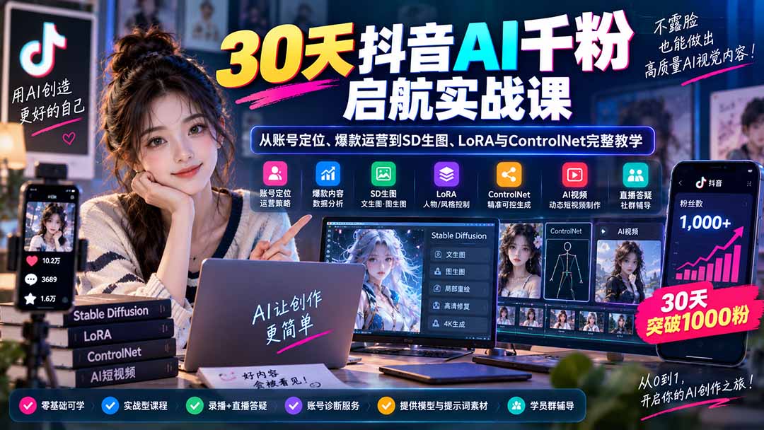 30天抖音AI千粉启航实战课:从账号定位、爆款运营到SD生图、LoRA与ControlNet完整教学|副业联盟