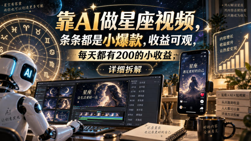 靠AI做星座视频，条条都是小爆款，收益可观，每天都有200的小收益，详细拆解 - 副业联盟|副业联盟