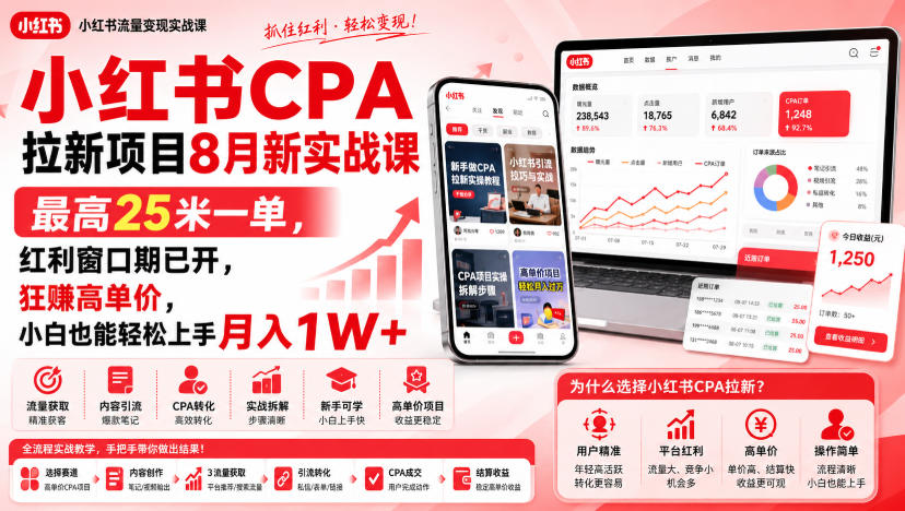 小红书CPA拉新项目8月新实战课，最高25米一单，红利窗口期已开，狂賺高单价，小白也能轻松上手月入1W+(更新0907) - 副业联盟|副业联盟