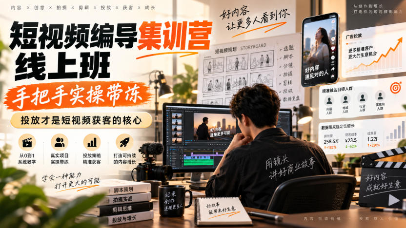 短视频编导集训营线上班,手把手实操带冻,投放才是短视频获客的核心|副业联盟