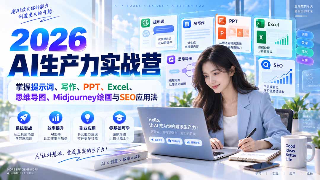 2026AI生产力实战营:掌握提示词、写作、PPT、Excel、思维导图、Midjourney绘画与SEO应用法|副业联盟