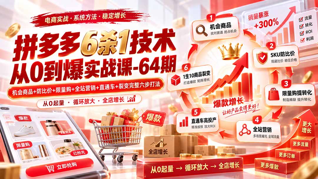 拼多多6杀1技术从0到爆实战课-64期：机会商品+防比价+限量购+全站营销+直通车+裂变完整六步打法 - 副业联盟|副业联盟