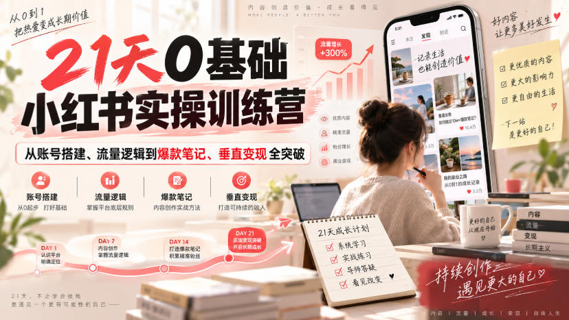 21天0基础小红书实操训练营｜从账号搭建、流量逻辑到爆款笔记、垂直变现全突破 - 副业联盟|副业联盟