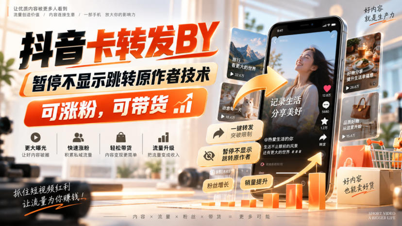 抖音卡转发搬运,暂停不显示跳转原作者技术,可涨粉,可带货|副业联盟