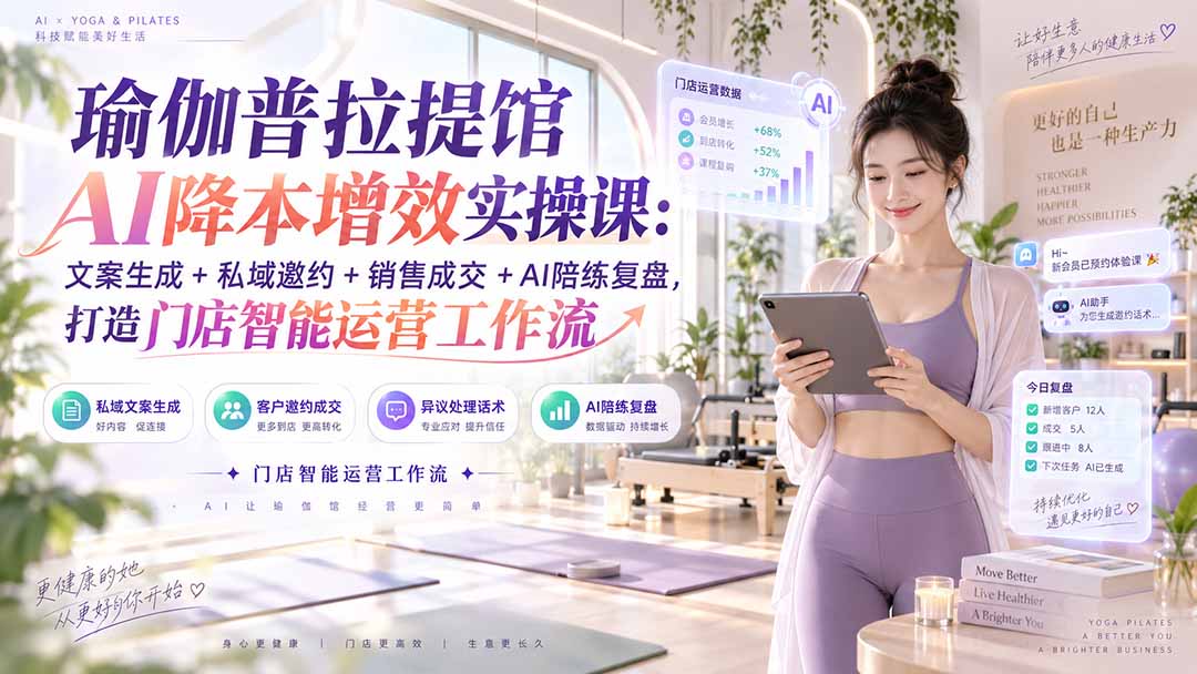 瑜伽普拉提馆AI降本增效实操课：文案生成+私域邀约+销售成交+AI陪练复盘，打造门店智能运营工作流 - 副业联盟|副业联盟