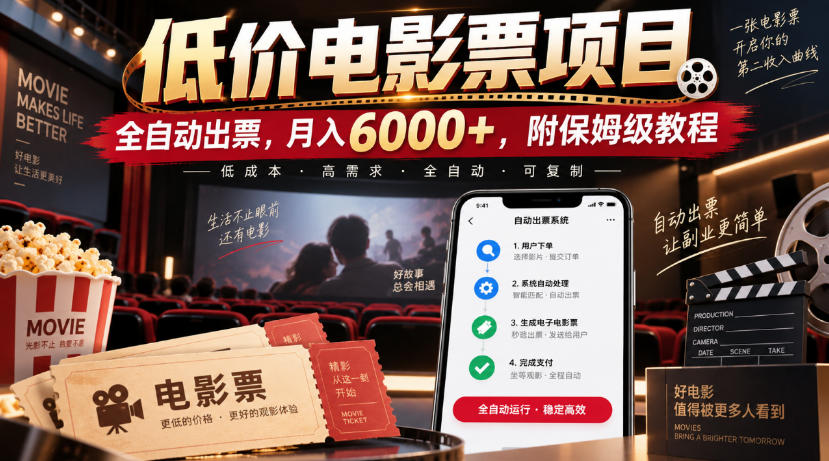 低价电影票项目,全自动出票,月入6000+,附保姆级教程【揭秘】|副业联盟