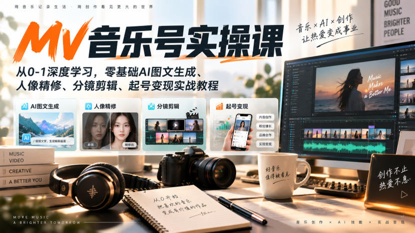 AI MV音乐号实操课,从0-1深度学习,零基础AI图文生成、人像精修、分镜剪辑、起号变现实战教程|副业联盟