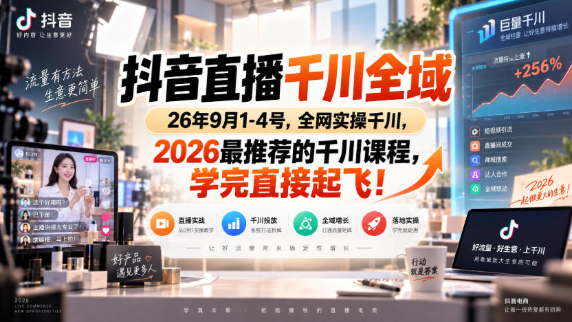 抖音直播千川全域26年9月1-4号,全网实操千川,2026最推荐的千川课程,学完直接起飞!|副业联盟