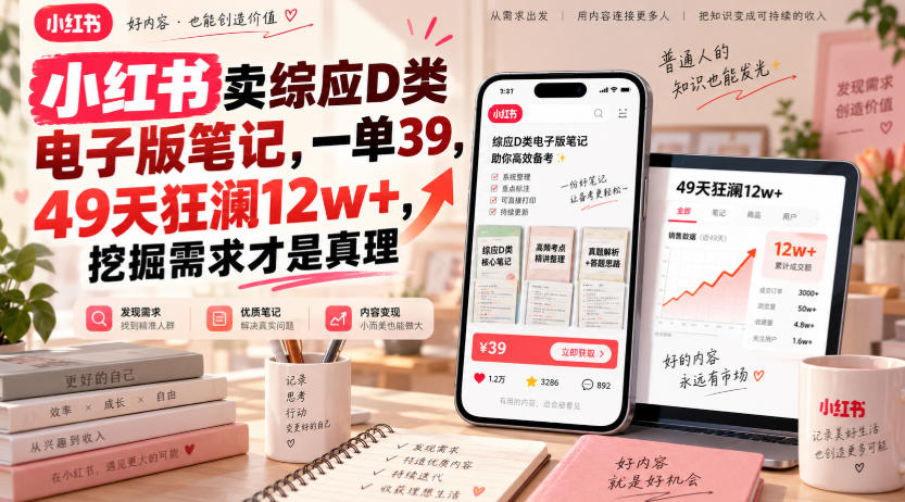 小红书卖综应D类电子版笔记，一单39，49天狂澜12w+，挖掘需求才是真理|副业联盟