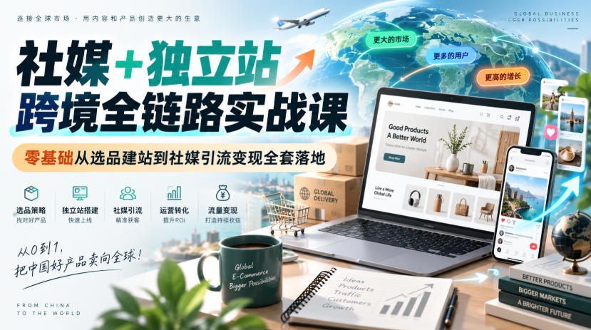 社媒+独立站跨境全链路实战课|零基础从选品建站到社媒引流变现全套落地|副业联盟