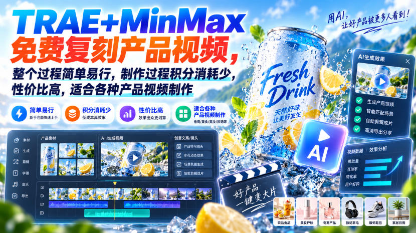 TRAE+MinMax免费复刻产品视频,整个过程简单易行,制作过程积分消耗少,性价比高,适合各种产品视频制作|副业联盟