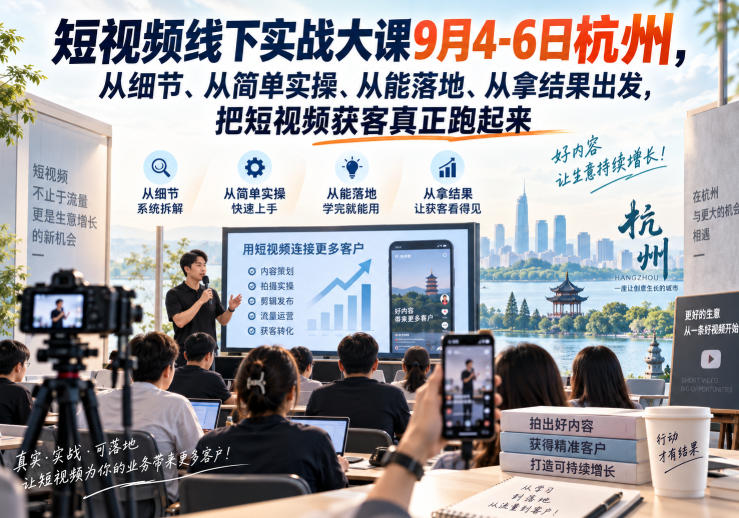 短视频线下实战大课9月4-6日杭州，从细节、从简单实操、从能落地、从拿结果出发，把短视频获客真正跑起来|副业联盟