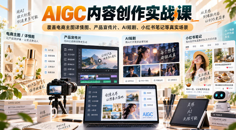 AIGC内容创作实战课,覆盖电商主图详情图、产品宣传片、AI短剧、小红书笔记等真实场景|副业联盟