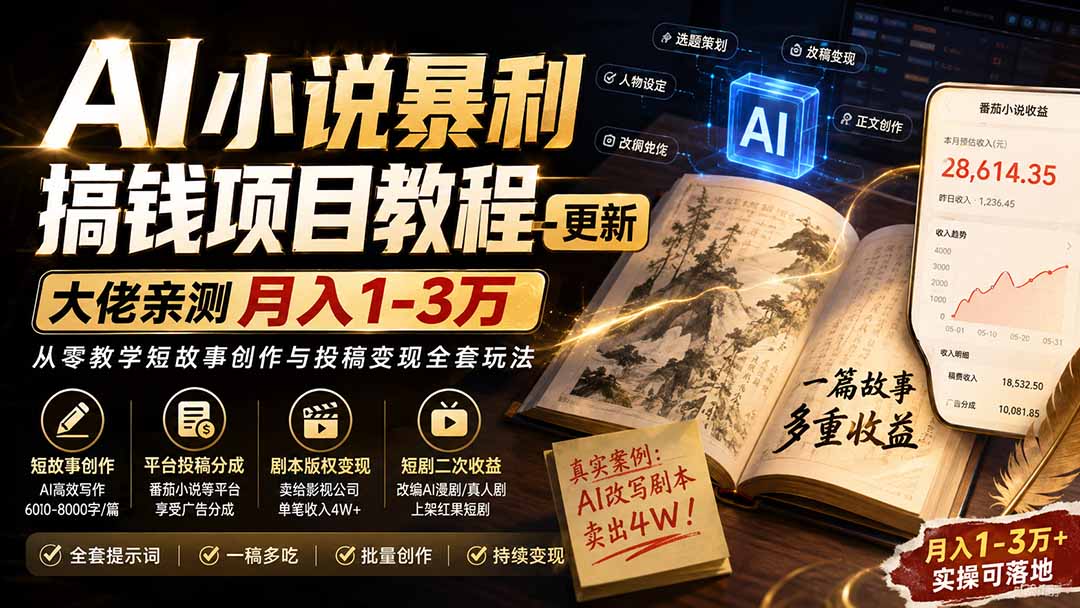 AI小说短故事暴利搞钱项目教程-更新，大佬亲测月入1-3万，从零教学短故事创作与投稿变现全套玩法 - 副业联盟|副业联盟