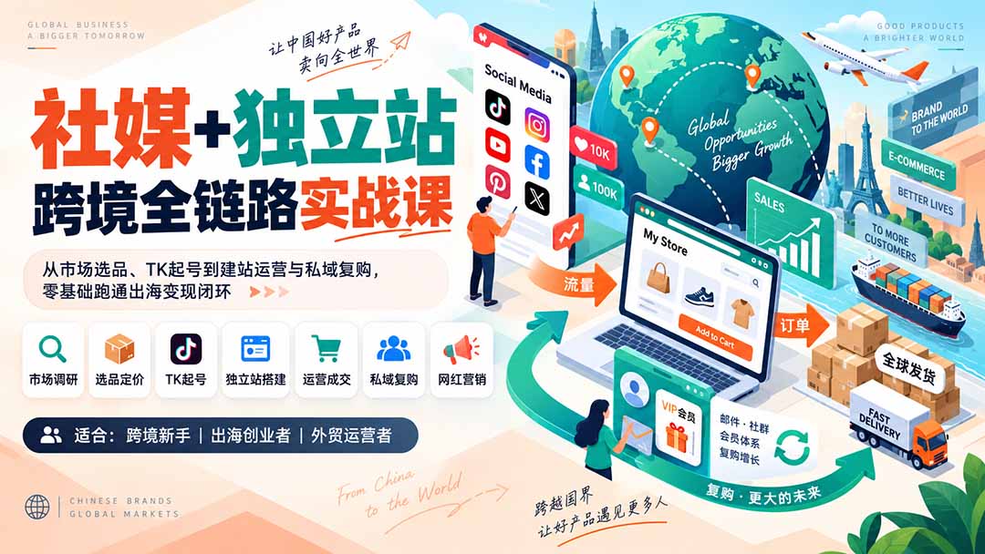 社媒+独立站跨境全链路实战课：从市场选品、TK起号到建站运营与私域复购，零基础跑通出海变现闭环 - 副业联盟|副业联盟