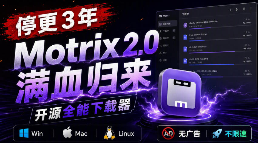 停更3年,Motrix 2.0满血归来:开源全能下载器,Win/Mac/Linux通吃,无广告不限速|副业联盟