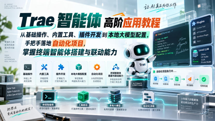 Trae智能体高阶应用教程,从基础操作、内置工具、插件开发到本地大模型配置,手把手落地自动化项目|副业联盟