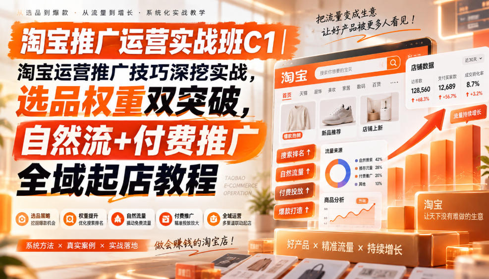 淘宝推广运营实战班C1｜淘宝运营推广技巧深挖实战，选品权重双突破，自然流+付费推广全域起店教程 - 副业联盟|副业联盟