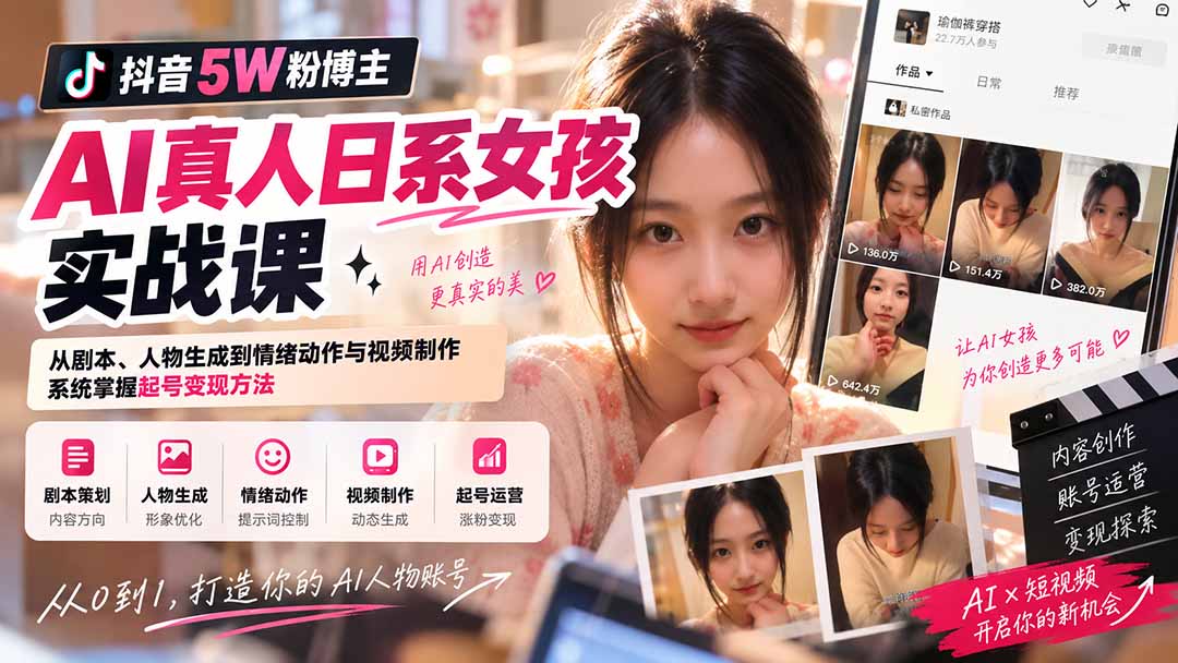 抖音5W粉博主AI真人日系女孩实战课:从剧本、人物生成到情绪动作与视频制作,系统掌握起号变现方法|副业联盟