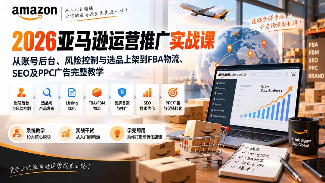 2026亚马逊运营推广实战课:从账号后台、风险控制与选品上架到FBA物流、SEO及PPC广告完整教学|副业联盟