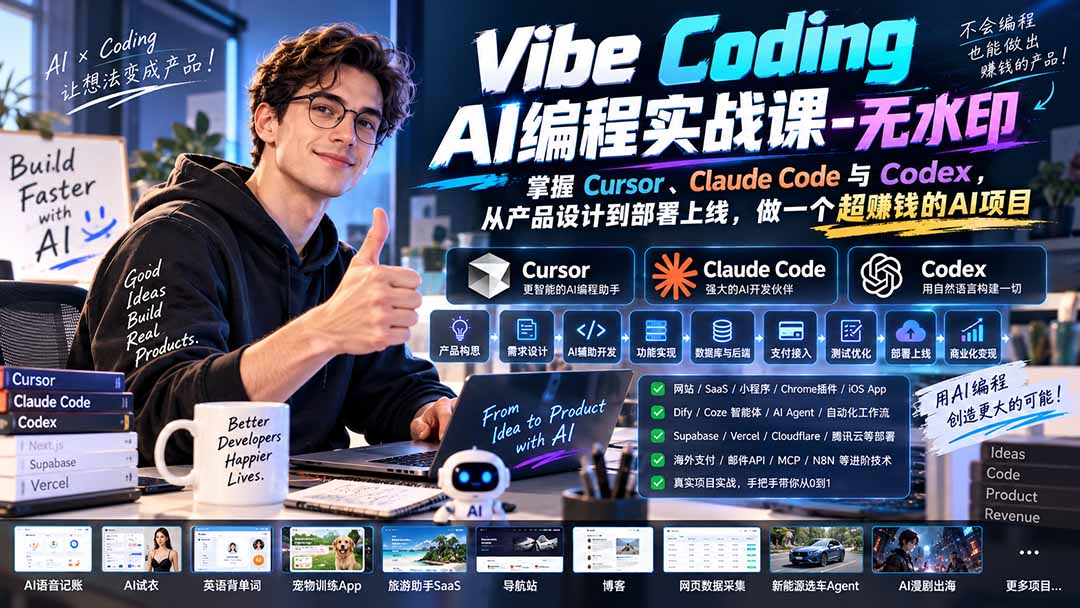 Vibe Coding AI编程实战课-无水印：掌握Cursor、Claude Code与Codex，从产品设计到部署上线，做一个超赚钱的AI项目|副业联盟