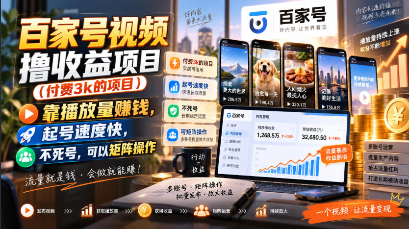 百家号视频撸收益项目(付费3k的项目),靠播放量賺钱,起号速度快,不死号,可以矩阵操作|副业联盟