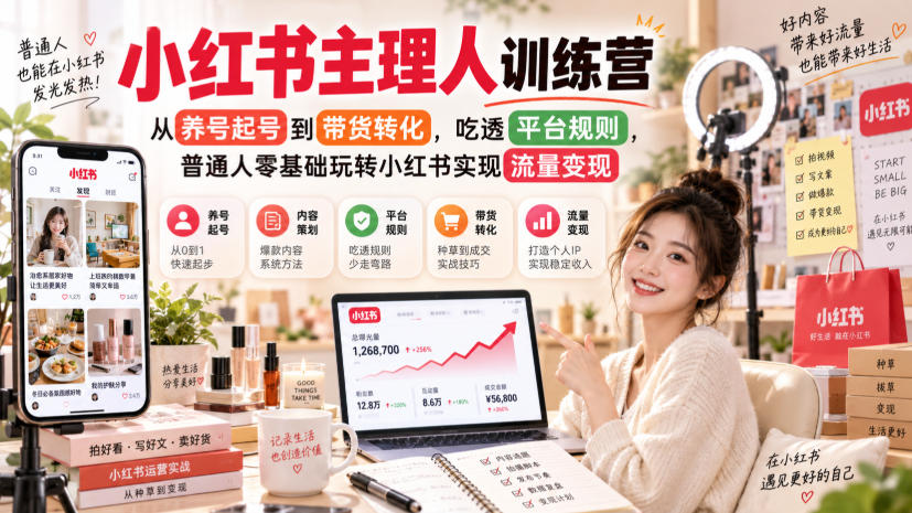 小红书主理人训练营,从养号起号到带货转化,吃透平台规则,普通人零基础玩转小红书实现流量变现|副业联盟
