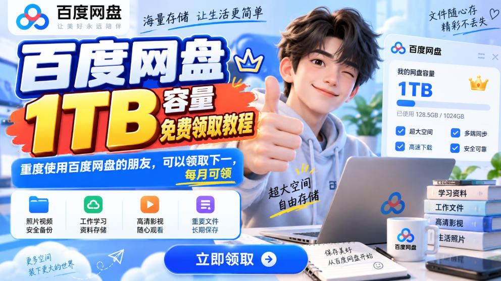 百度网盘1TB容量免费领取教程,重度使用百度网盘的朋友,可以领取下一,每月可领|副业联盟