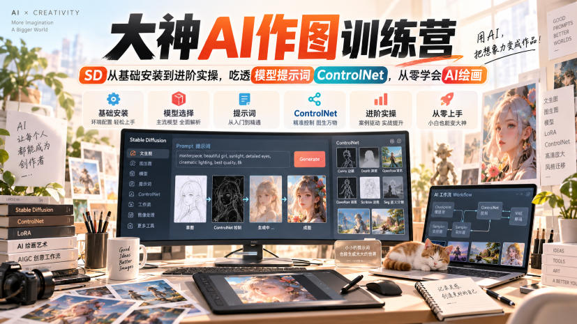 大神AI作图训练营，SD从基础安装到进阶实操，吃透模型提示词ControlNet，从零学会AI绘画 - 副业联盟|副业联盟