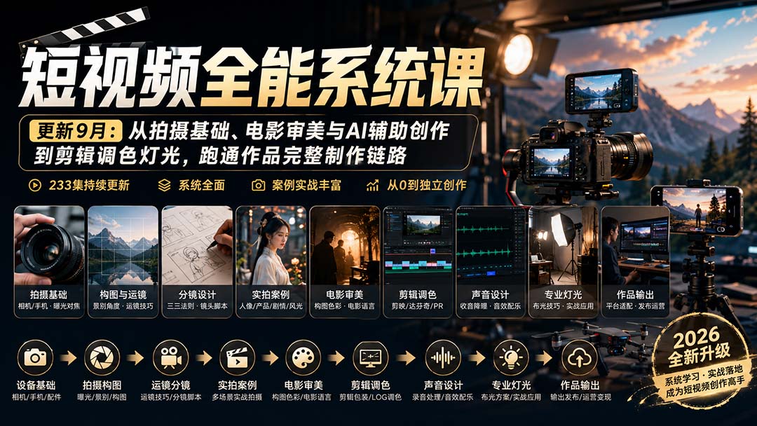 短视频全能系统课-9月完整版:从拍摄基础、电影审美与AI辅助创作到剪辑调色灯光,跑通作品完整制作链路|副业联盟