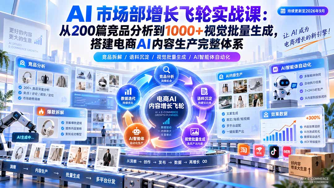 AI 市场部增长飞轮实战课：从200篇竞品分析到1000+视觉批量生成，搭建电商AI内容生产完整体系 - 副业联盟|副业联盟