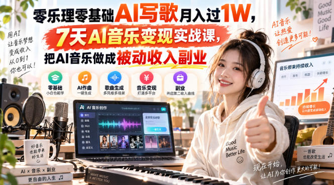 零乐理零基础AI写歌月入过1W，7天AI音乐变现实战课，把AI音乐做成被动收入副业 - 副业联盟|副业联盟
