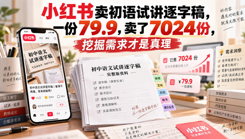 小红书卖初语试讲逐字稿,一份79.9,卖了7024份,挖掘需求才是真理|副业联盟
